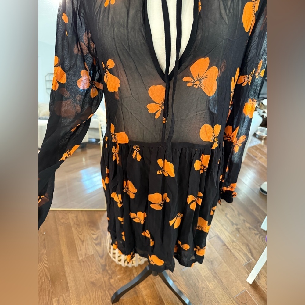 Ganni Black Sheer Dress with Orange Floral Design Lined on Bottom - Picture 3 of 15